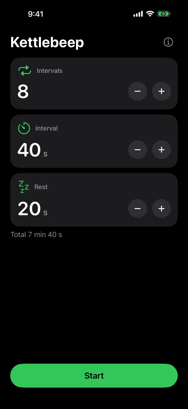 Kettlebeep setup screen: 8 intervals of 40 seconds with 20 seconds rest, 7 min 40 s in total, and a green Start button.