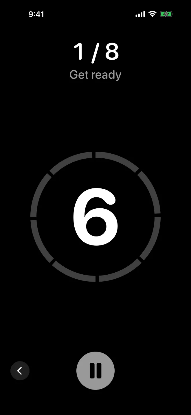 Get ready: a black screen counting down 6 seconds before interval 1 of 8.