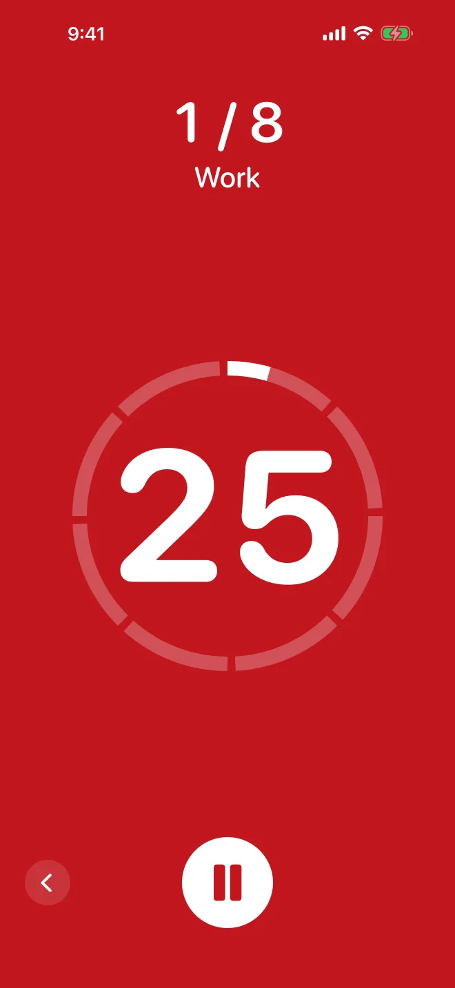 Work: the whole screen is red, with a large 25 second countdown inside a ring, interval 1 of 8.