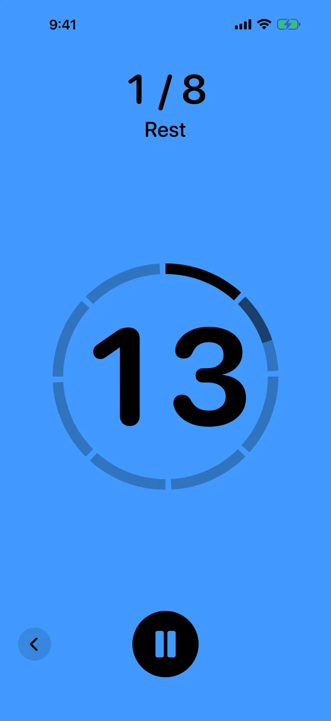 Rest: the whole screen is blue, with a 13 second countdown, interval 1 of 8.