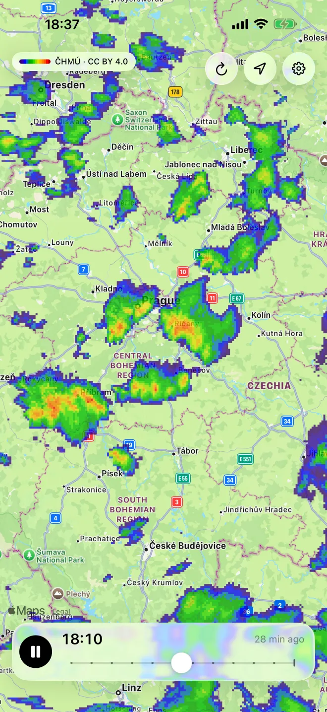 Playback zoomed in on central Bohemia, the timeline scrubbed back 28 minutes while the animation runs.