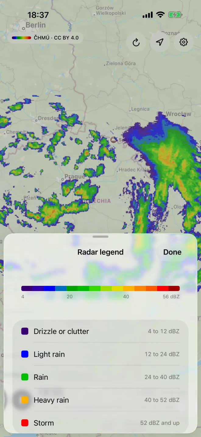 The radar legend sheet: a colour scale from drizzle at 4 dBZ to storm above 52 dBZ.